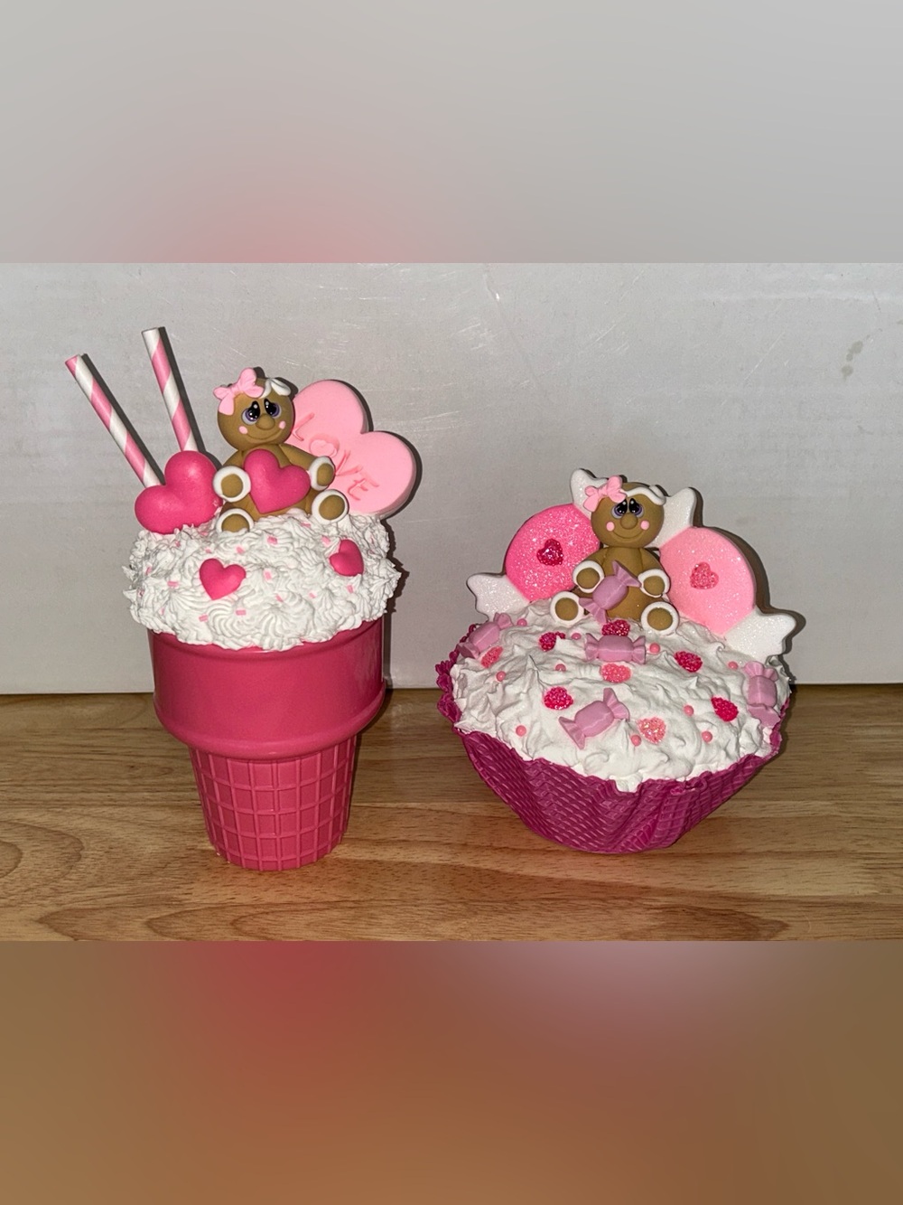 Pink Gingerbread Fake Ice Cream Waffle Bowl & Milkshake Set Handmade Home Decor